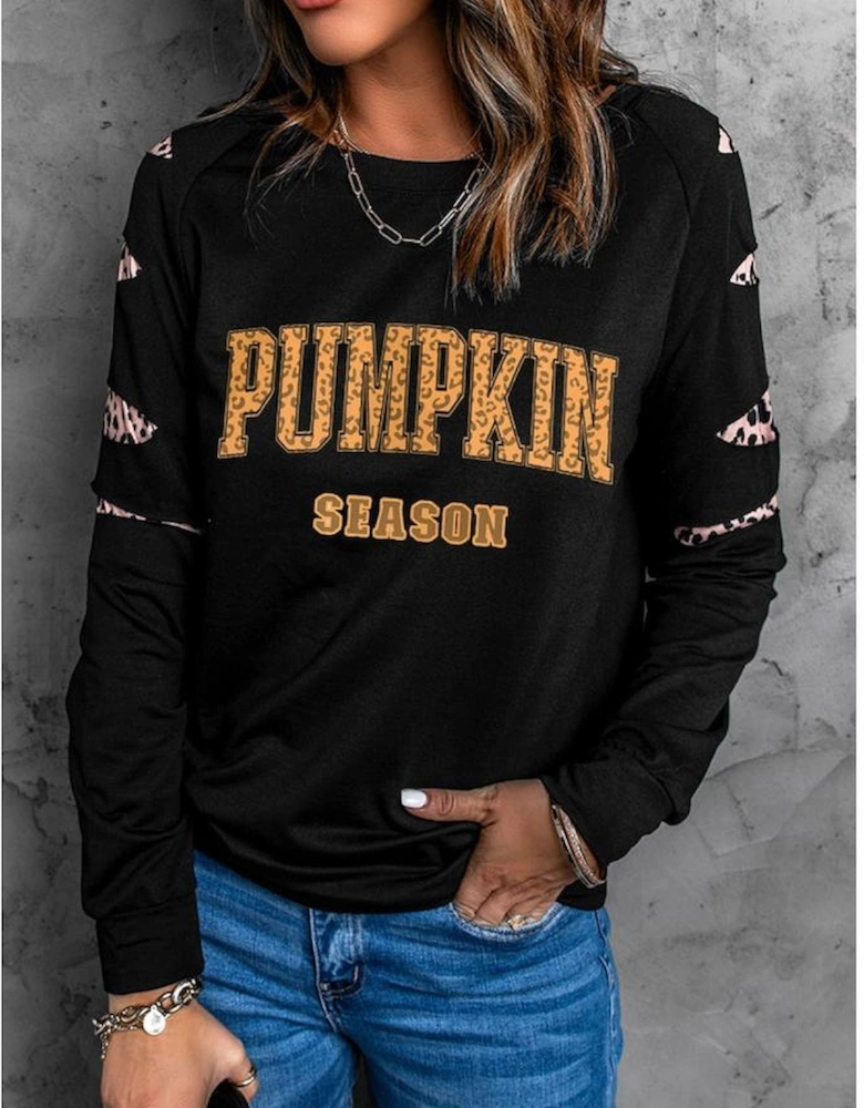 Black Leopard PUMPKIN SEASON Graphic Ripped Sleeve Sweatshirt