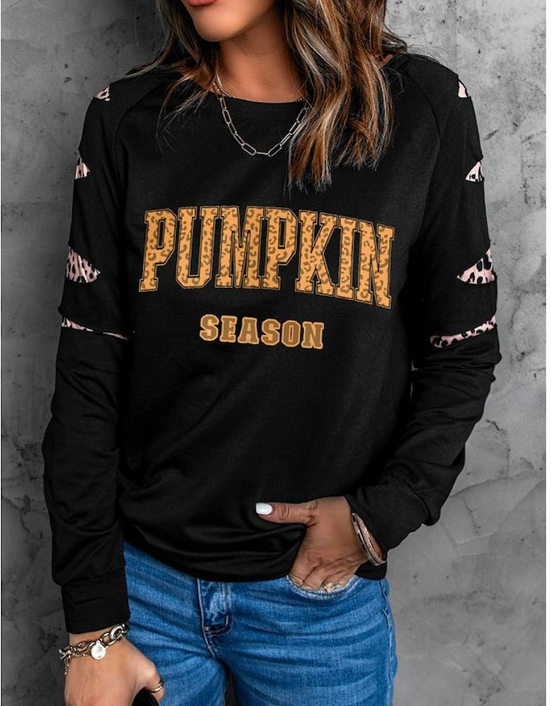 Black Leopard PUMPKIN SEASON Graphic Ripped Sleeve Sweatshirt