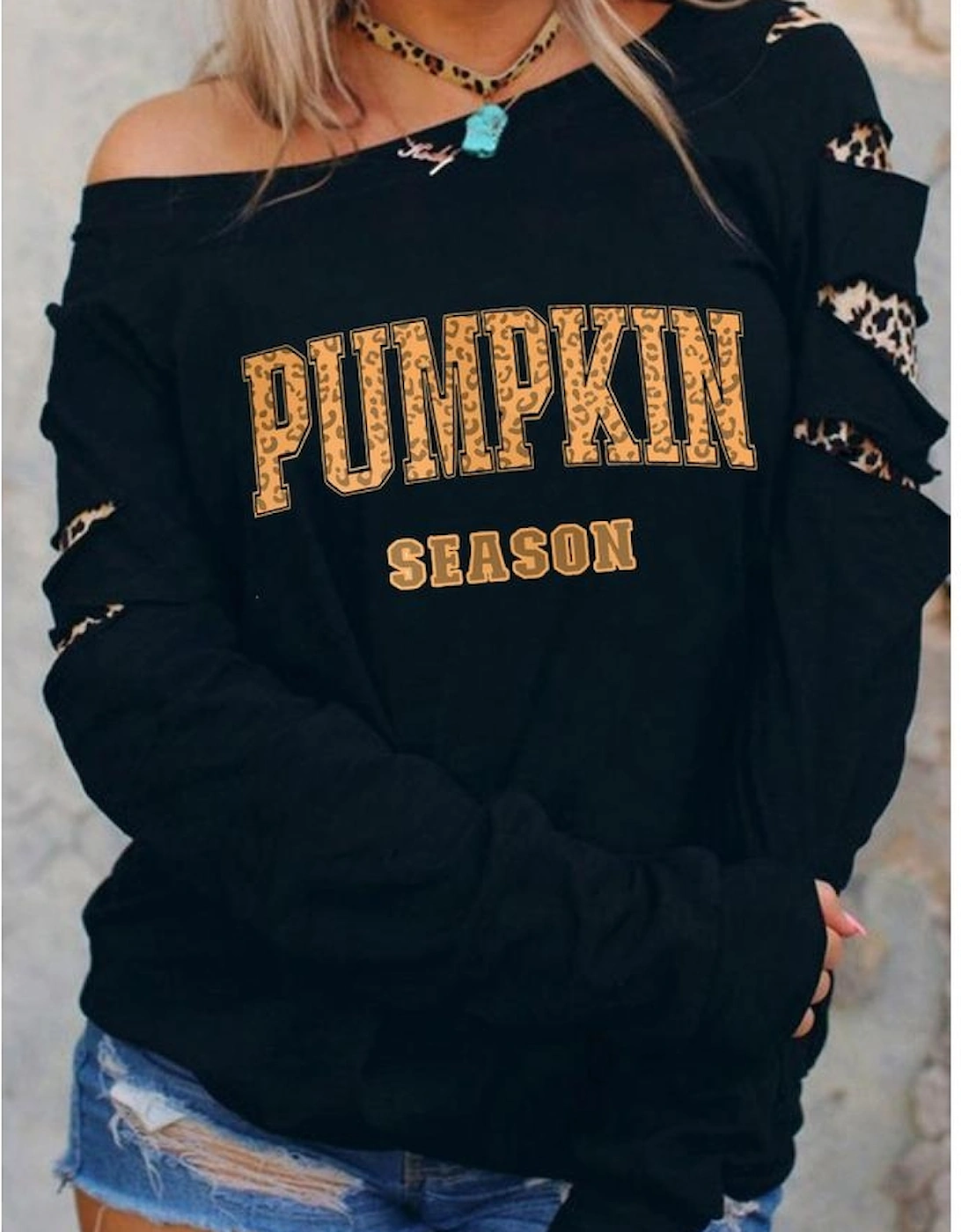 Black Leopard PUMPKIN SEASON Graphic Ripped Sleeve Sweatshirt