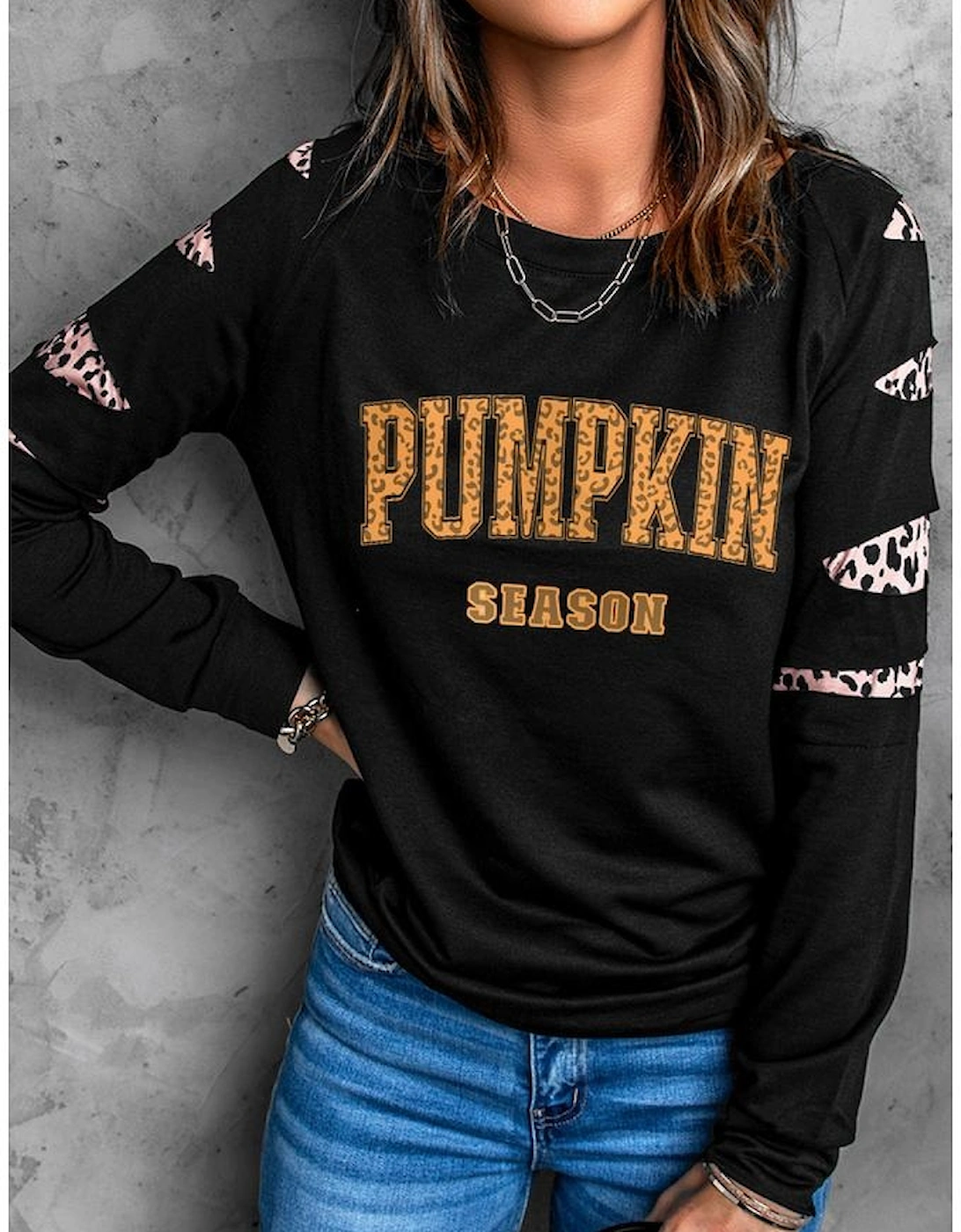 Black Leopard PUMPKIN SEASON Graphic Ripped Sleeve Sweatshirt