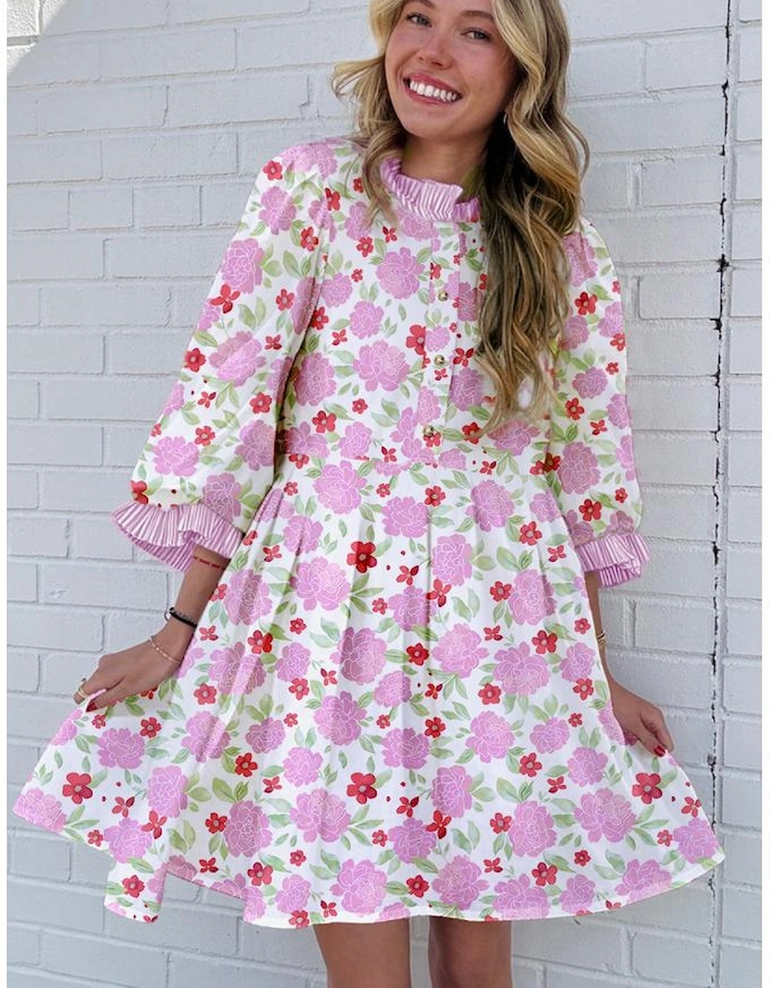 Pink Floral Print Striped Trim Frilled Neck 3/4 Sleeve Flared Mini Dress, 13 of 12