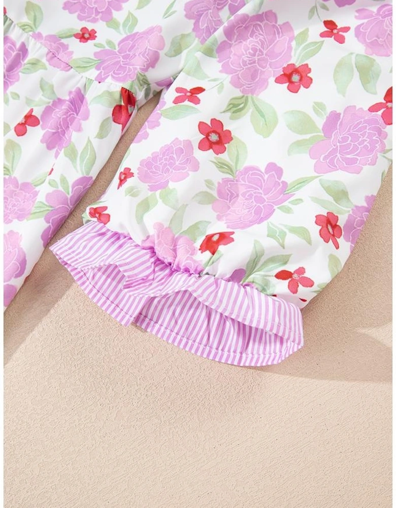 Pink Floral Print Striped Trim Frilled Neck 3/4 Sleeve Flared Mini Dress