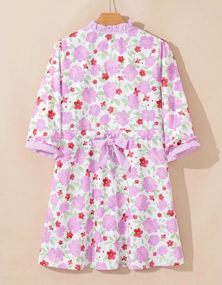 Pink Floral Print Striped Trim Frilled Neck 3/4 Sleeve Flared Mini Dress