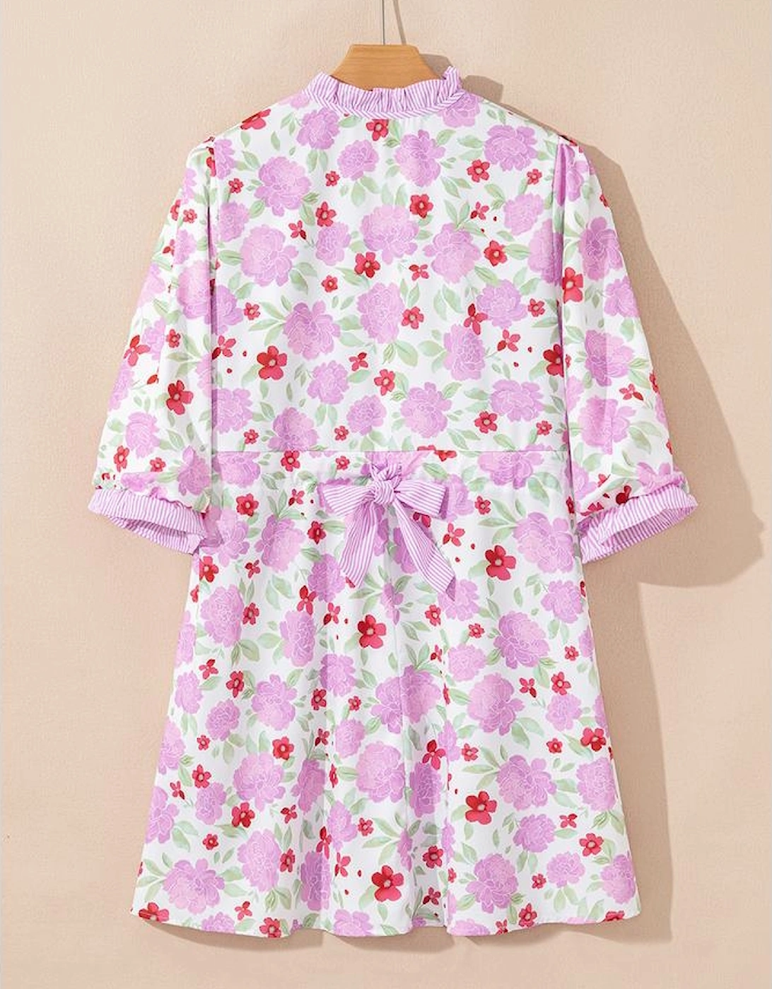 Pink Floral Print Striped Trim Frilled Neck 3/4 Sleeve Flared Mini Dress