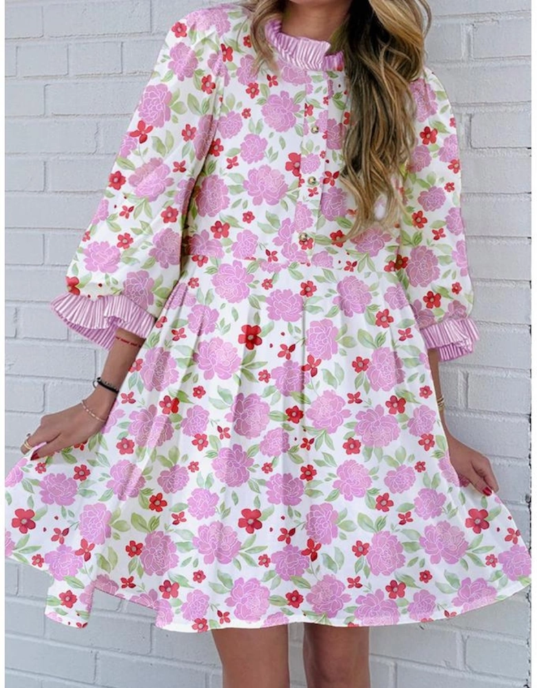 Pink Floral Print Striped Trim Frilled Neck 3/4 Sleeve Flared Mini Dress