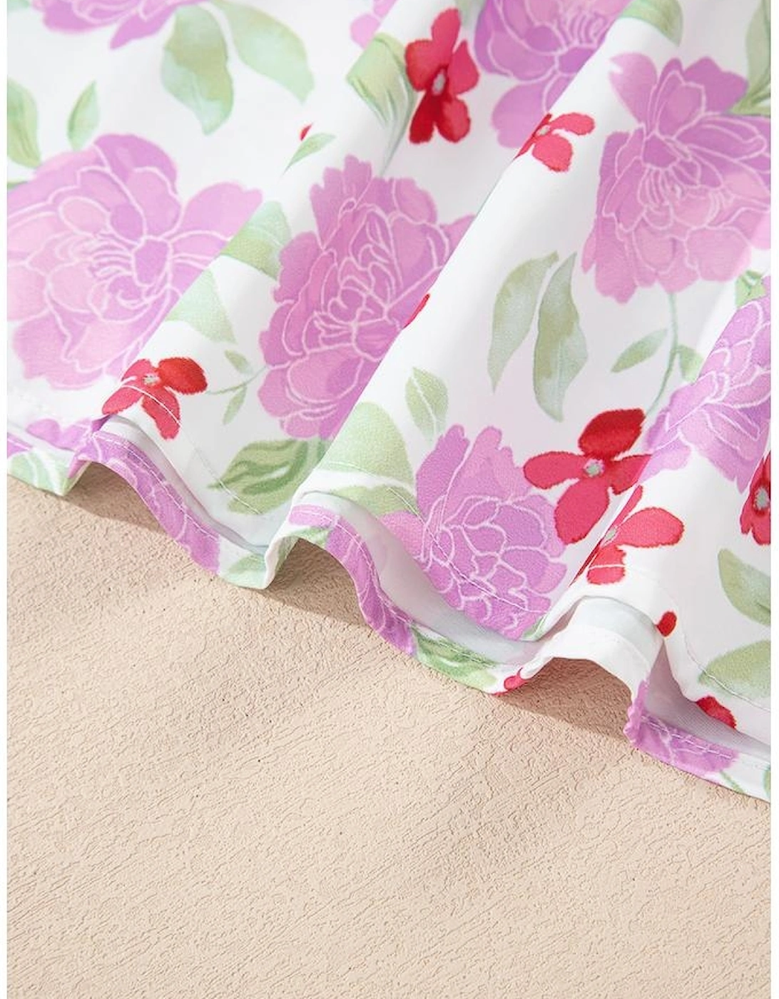 Pink Floral Print Striped Trim Frilled Neck 3/4 Sleeve Flared Mini Dress