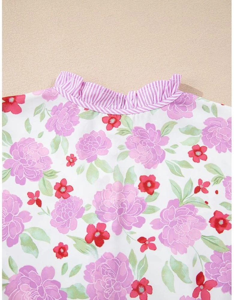 Pink Floral Print Striped Trim Frilled Neck 3/4 Sleeve Flared Mini Dress