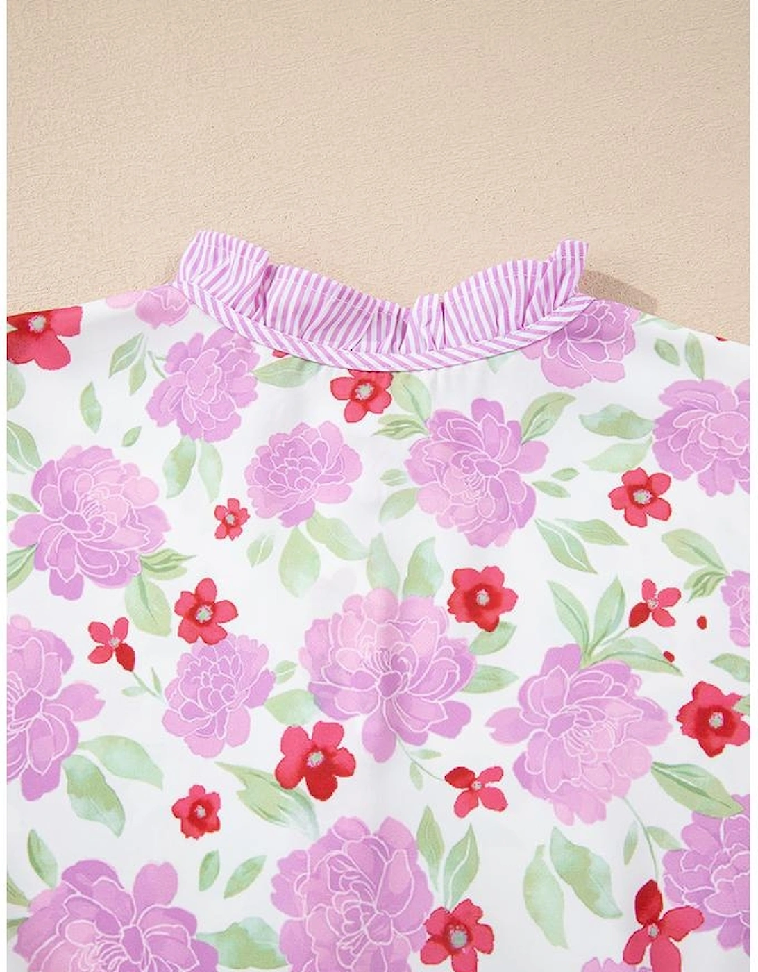 Pink Floral Print Striped Trim Frilled Neck 3/4 Sleeve Flared Mini Dress