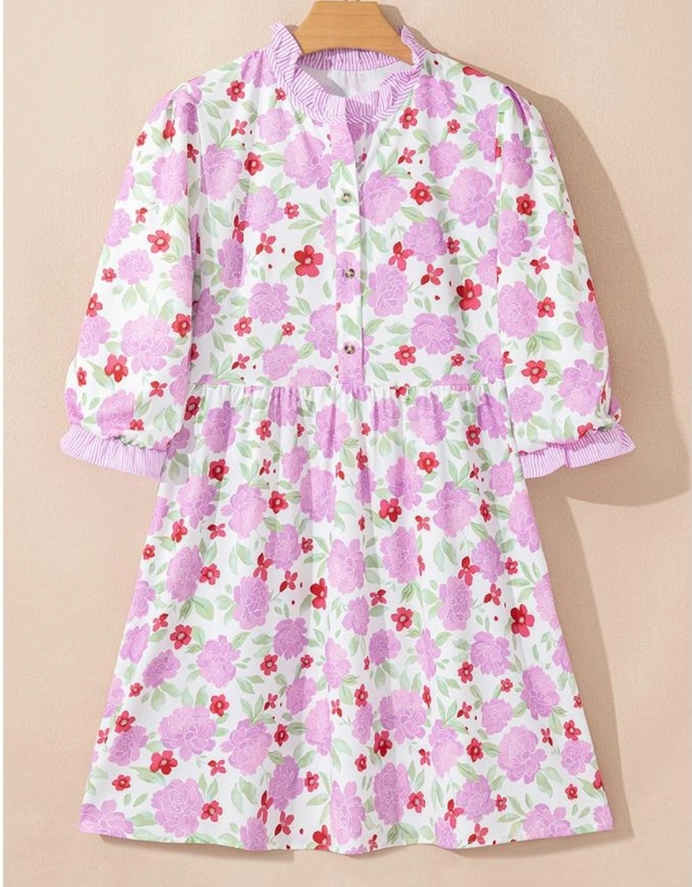 Pink Floral Print Striped Trim Frilled Neck 3/4 Sleeve Flared Mini Dress