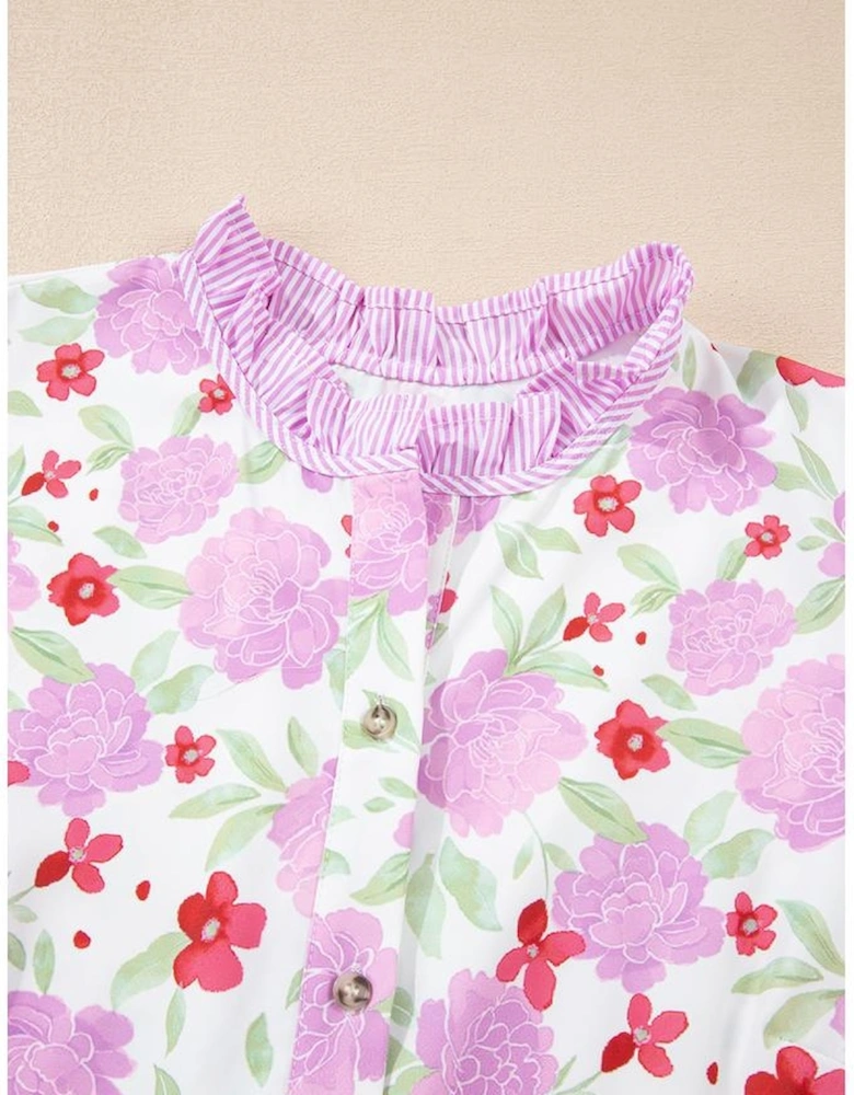 Pink Floral Print Striped Trim Frilled Neck 3/4 Sleeve Flared Mini Dress