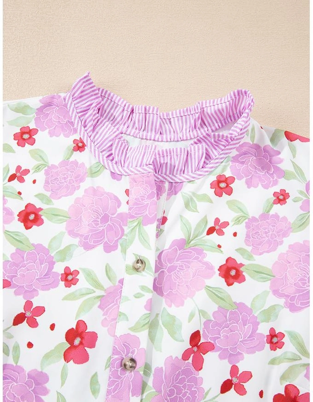 Pink Floral Print Striped Trim Frilled Neck 3/4 Sleeve Flared Mini Dress