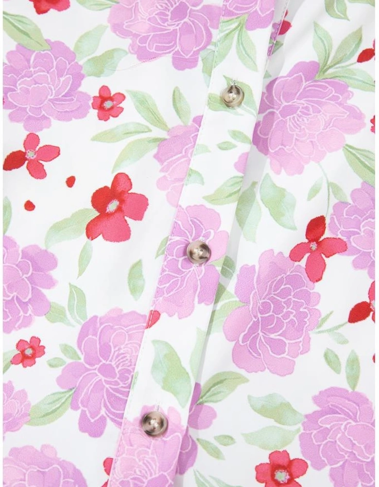 Pink Floral Print Striped Trim Frilled Neck 3/4 Sleeve Flared Mini Dress