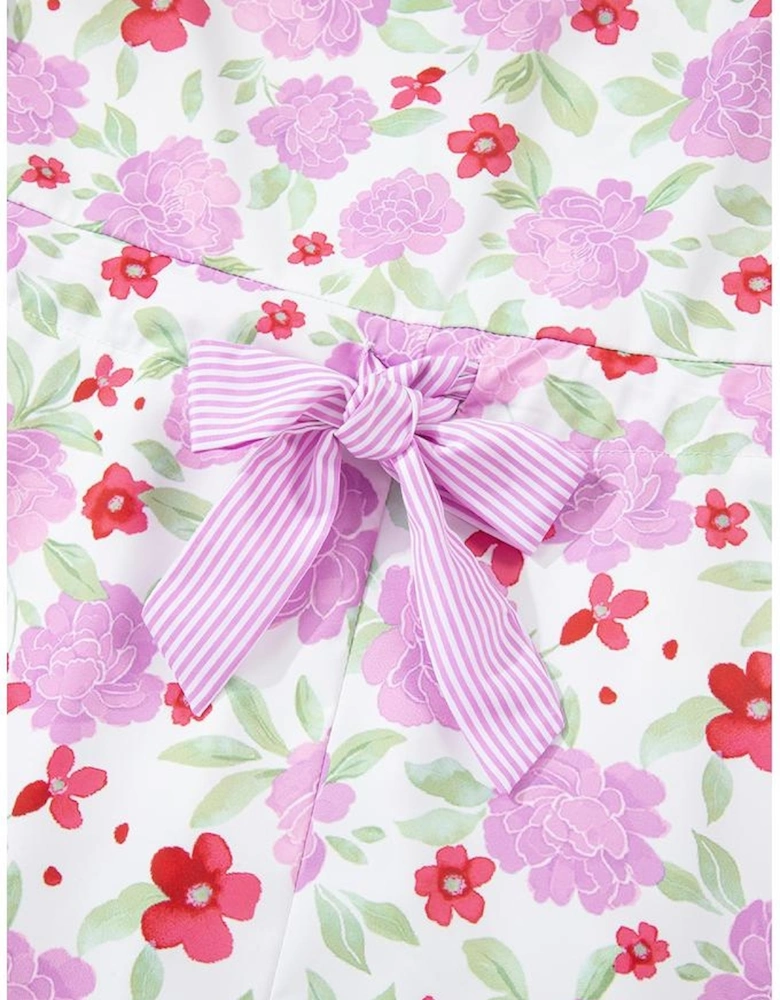 Pink Floral Print Striped Trim Frilled Neck 3/4 Sleeve Flared Mini Dress