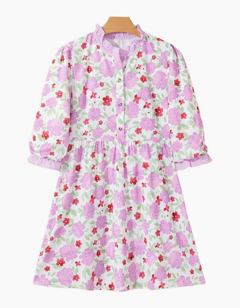 Pink Floral Print Striped Trim Frilled Neck 3/4 Sleeve Flared Mini Dress