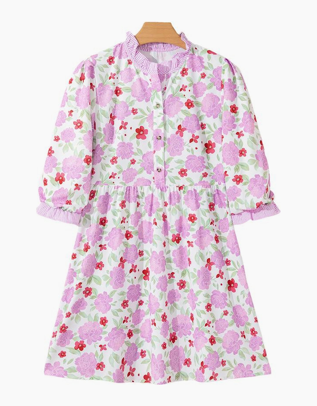 Pink Floral Print Striped Trim Frilled Neck 3/4 Sleeve Flared Mini Dress