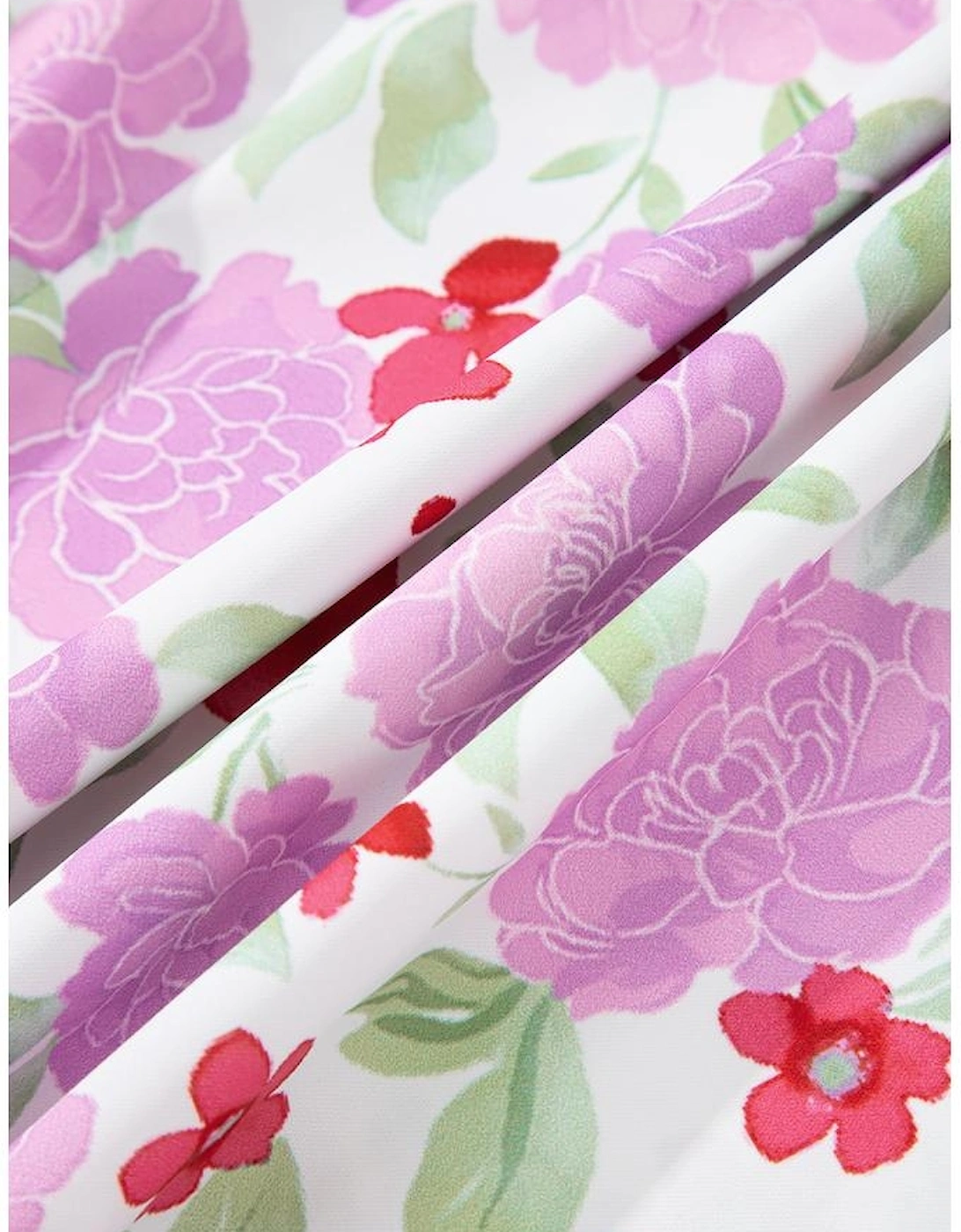 Pink Floral Print Striped Trim Frilled Neck 3/4 Sleeve Flared Mini Dress