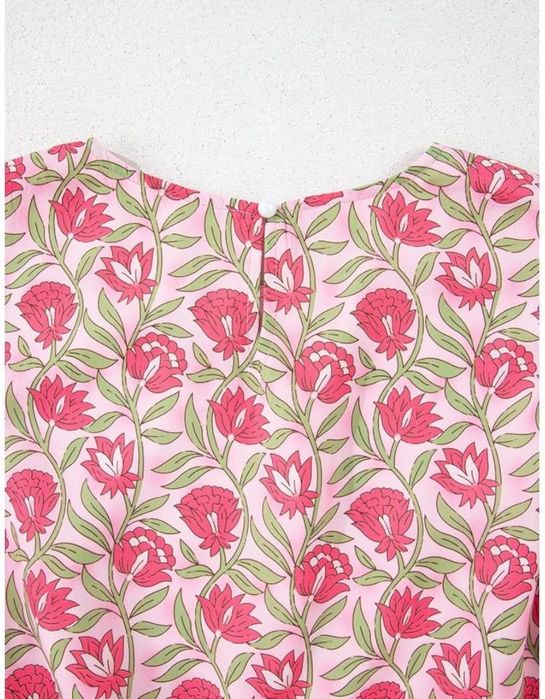 Pink Floral Print Puffy Cropped Tank and Mini Skirt Set