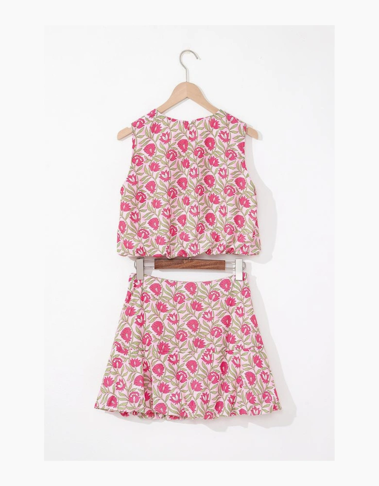 Pink Floral Print Puffy Cropped Tank and Mini Skirt Set