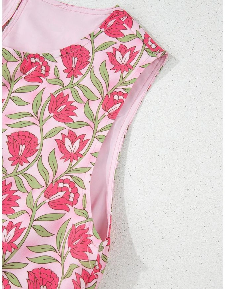 Pink Floral Print Puffy Cropped Tank and Mini Skirt Set