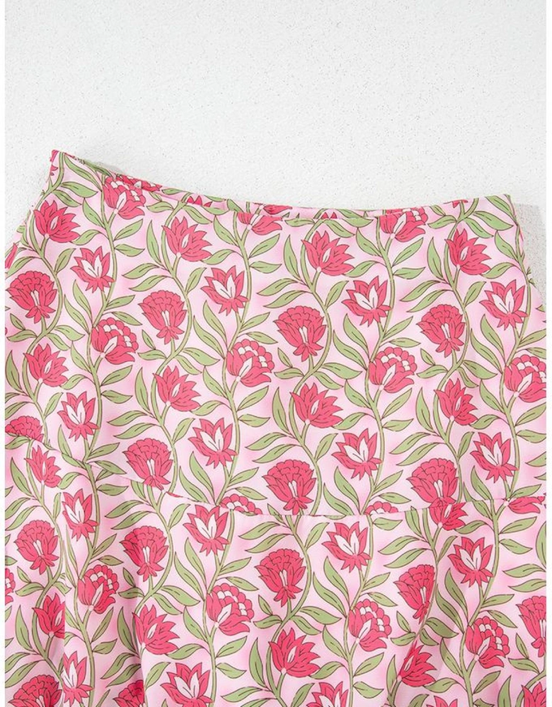 Pink Floral Print Puffy Cropped Tank and Mini Skirt Set