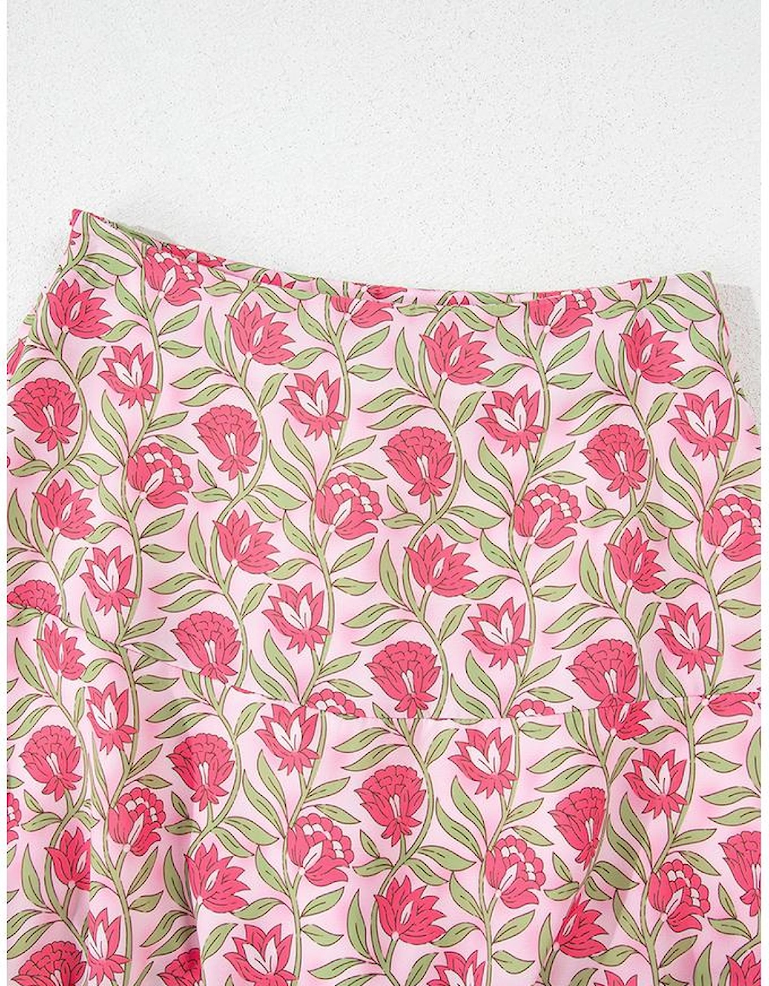 Pink Floral Print Puffy Cropped Tank and Mini Skirt Set