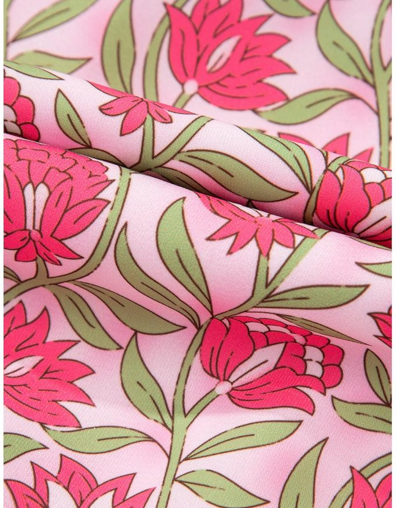 Pink Floral Print Puffy Cropped Tank and Mini Skirt Set