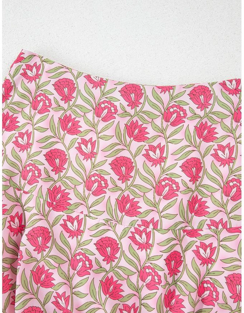 Pink Floral Print Puffy Cropped Tank and Mini Skirt Set