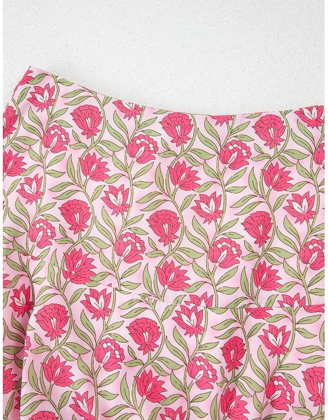 Pink Floral Print Puffy Cropped Tank and Mini Skirt Set