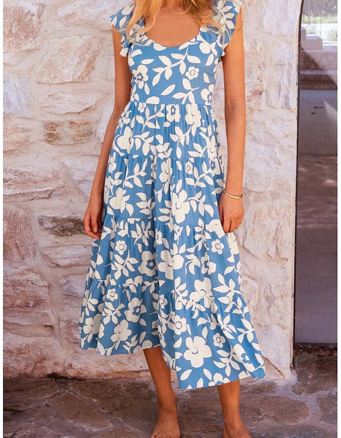 Sky Blue Floral U Neck Flutter Shoulder Tiered Flowy Midi Dress