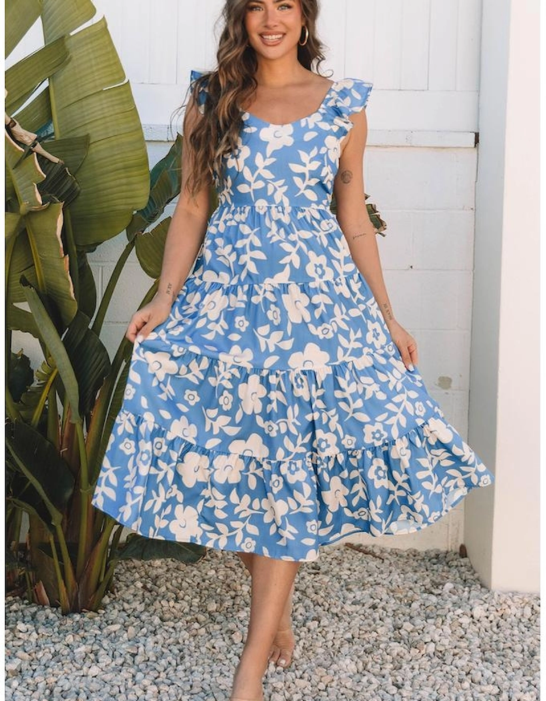 Sky Blue Floral U Neck Flutter Shoulder Tiered Flowy Midi Dress