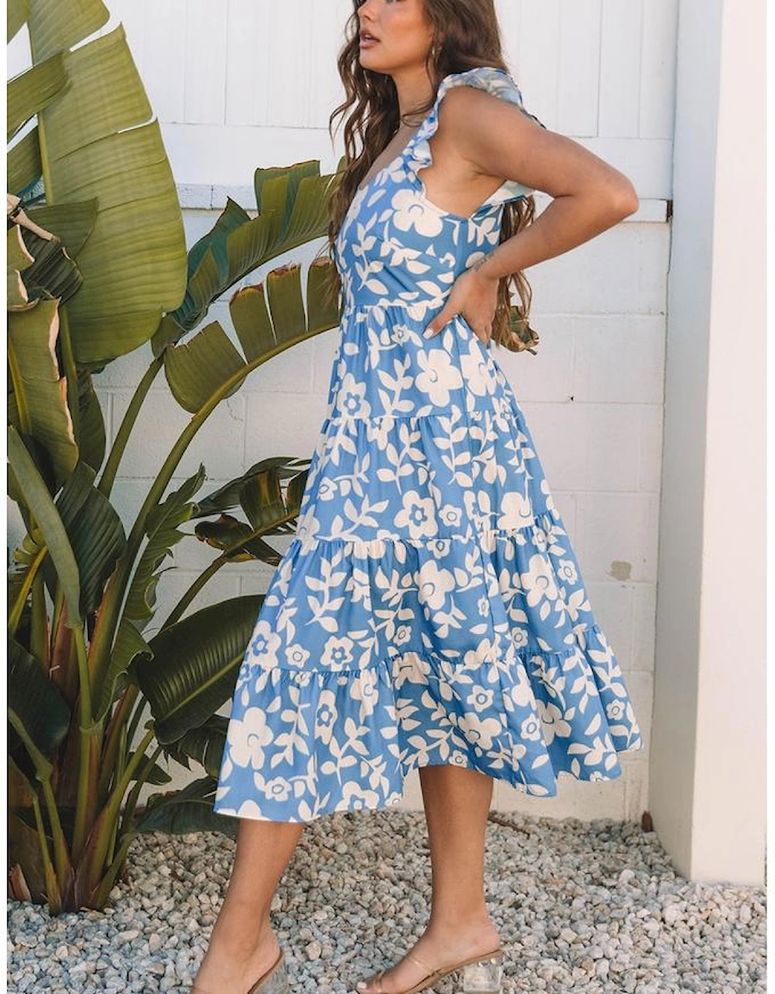 Sky Blue Floral U Neck Flutter Shoulder Tiered Flowy Midi Dress