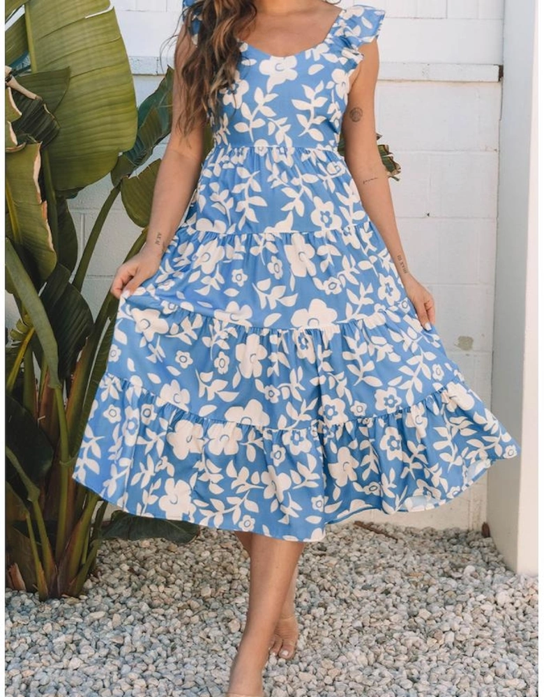 Sky Blue Floral U Neck Flutter Shoulder Tiered Flowy Midi Dress