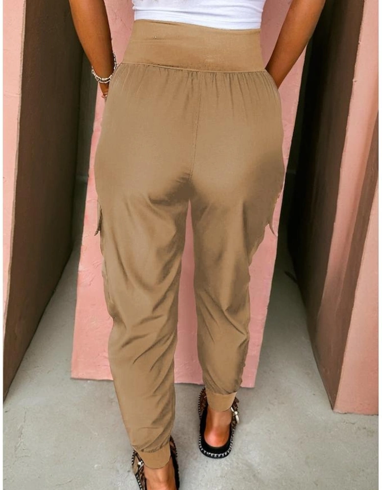 Camel Elastic High Waist Pocketed Cargo Jogger Pants