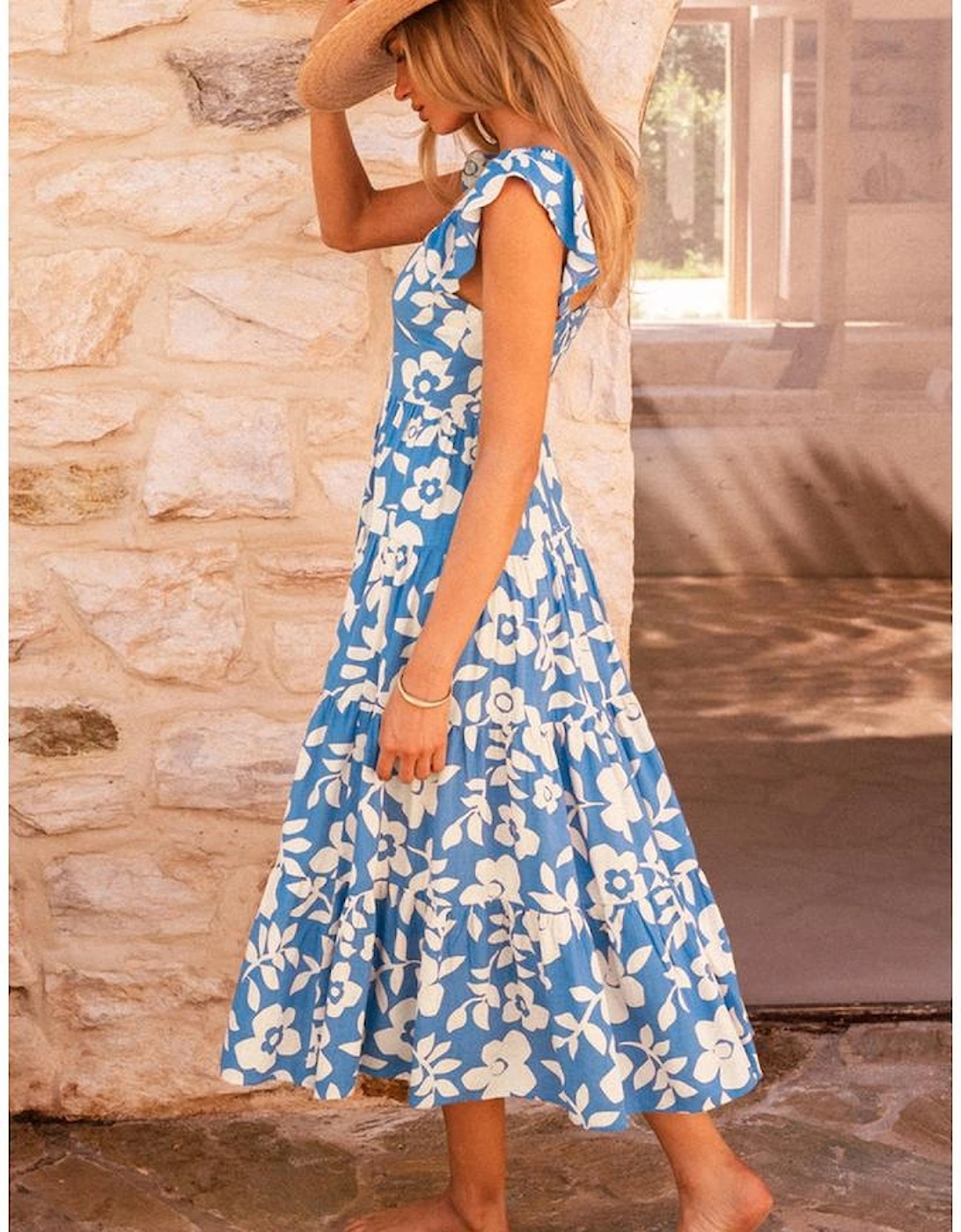 Sky Blue Floral U Neck Flutter Shoulder Tiered Flowy Midi Dress