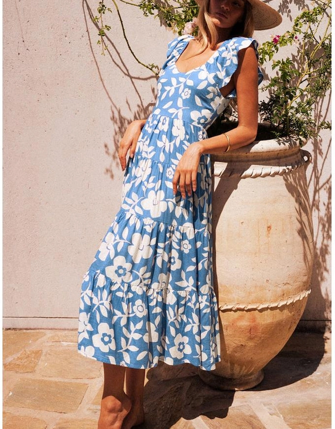Sky Blue Floral U Neck Flutter Shoulder Tiered Flowy Midi Dress