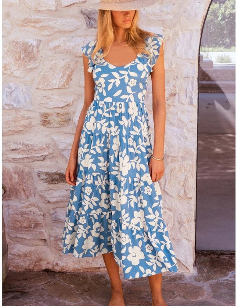 Sky Blue Floral U Neck Flutter Shoulder Tiered Flowy Midi Dress