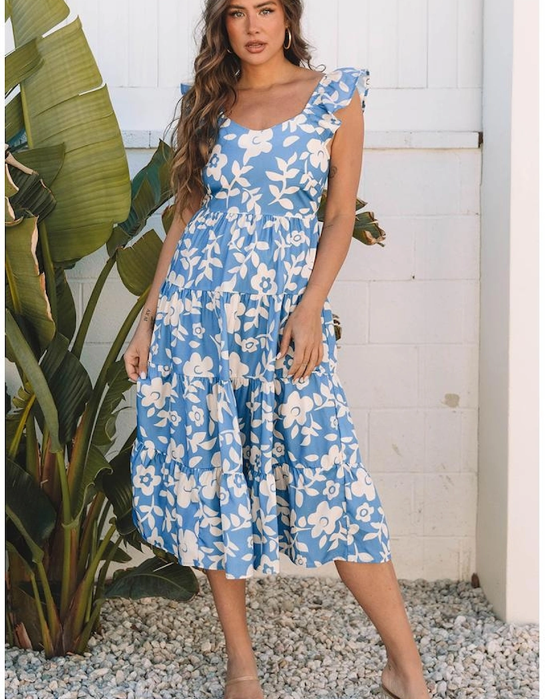 Sky Blue Floral U Neck Flutter Shoulder Tiered Flowy Midi Dress