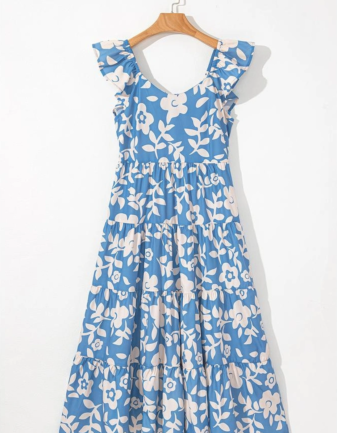 Sky Blue Floral U Neck Flutter Shoulder Tiered Flowy Midi Dress