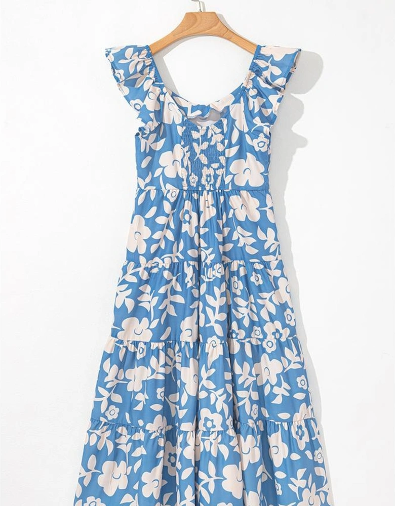 Sky Blue Floral U Neck Flutter Shoulder Tiered Flowy Midi Dress