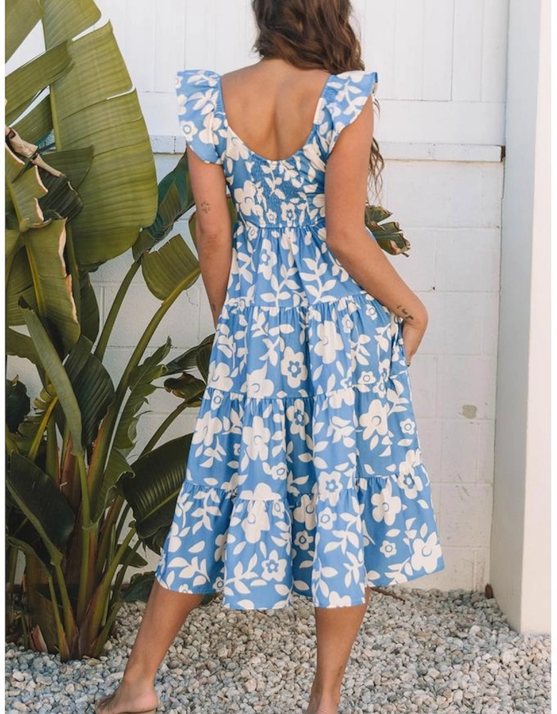 Sky Blue Floral U Neck Flutter Shoulder Tiered Flowy Midi Dress