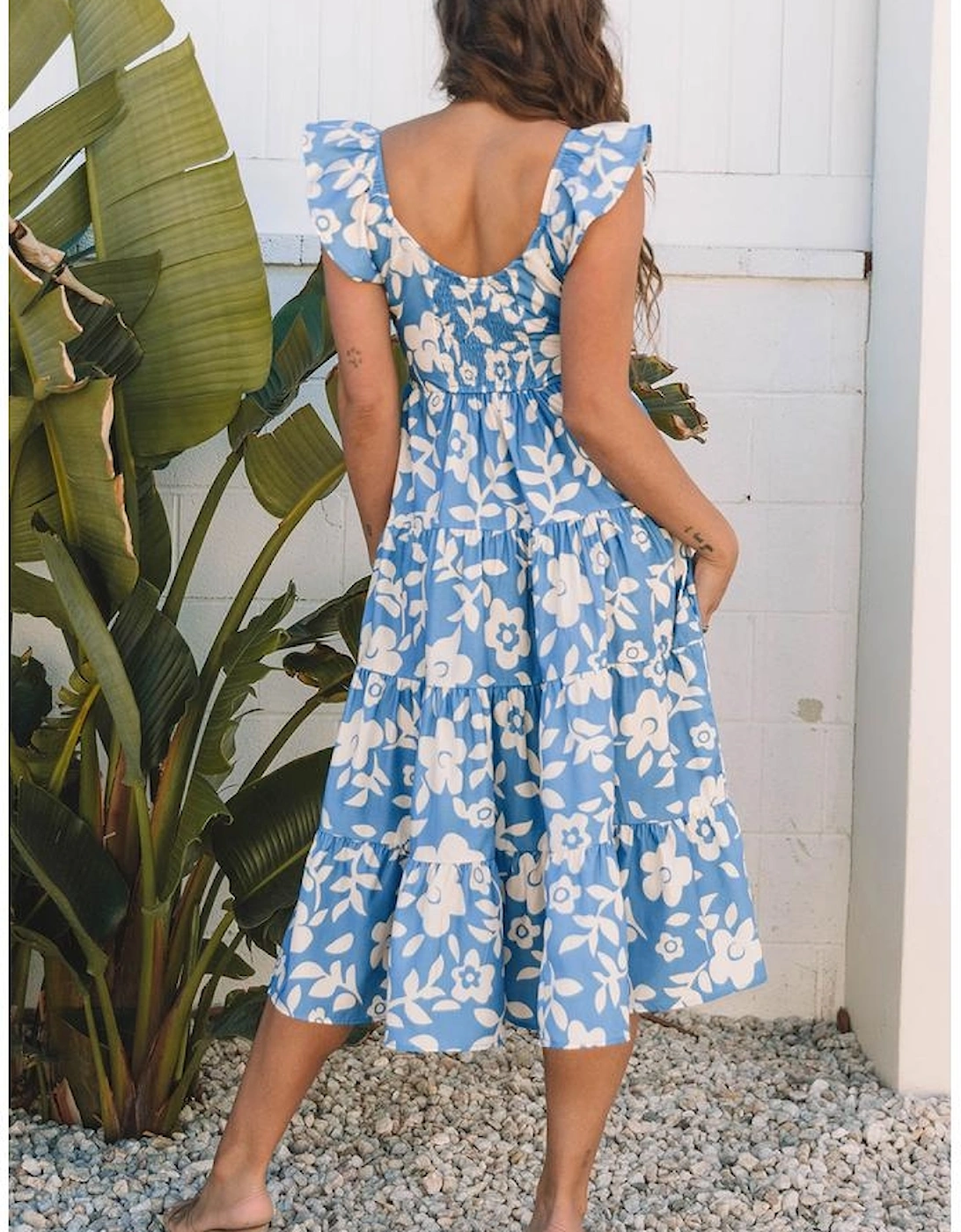 Sky Blue Floral U Neck Flutter Shoulder Tiered Flowy Midi Dress, 16 of 15