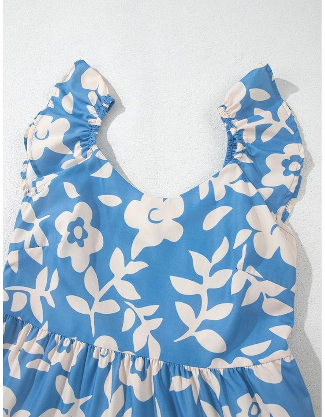 Sky Blue Floral U Neck Flutter Shoulder Tiered Flowy Midi Dress