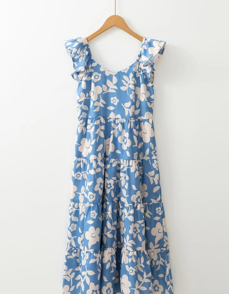 Sky Blue Floral U Neck Flutter Shoulder Tiered Flowy Midi Dress