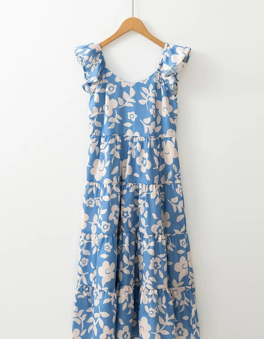Sky Blue Floral U Neck Flutter Shoulder Tiered Flowy Midi Dress