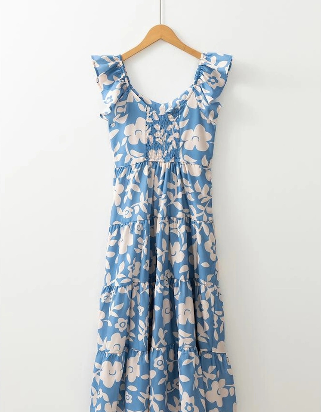 Sky Blue Floral U Neck Flutter Shoulder Tiered Flowy Midi Dress