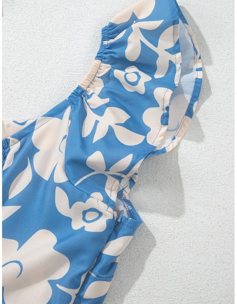 Sky Blue Floral U Neck Flutter Shoulder Tiered Flowy Midi Dress