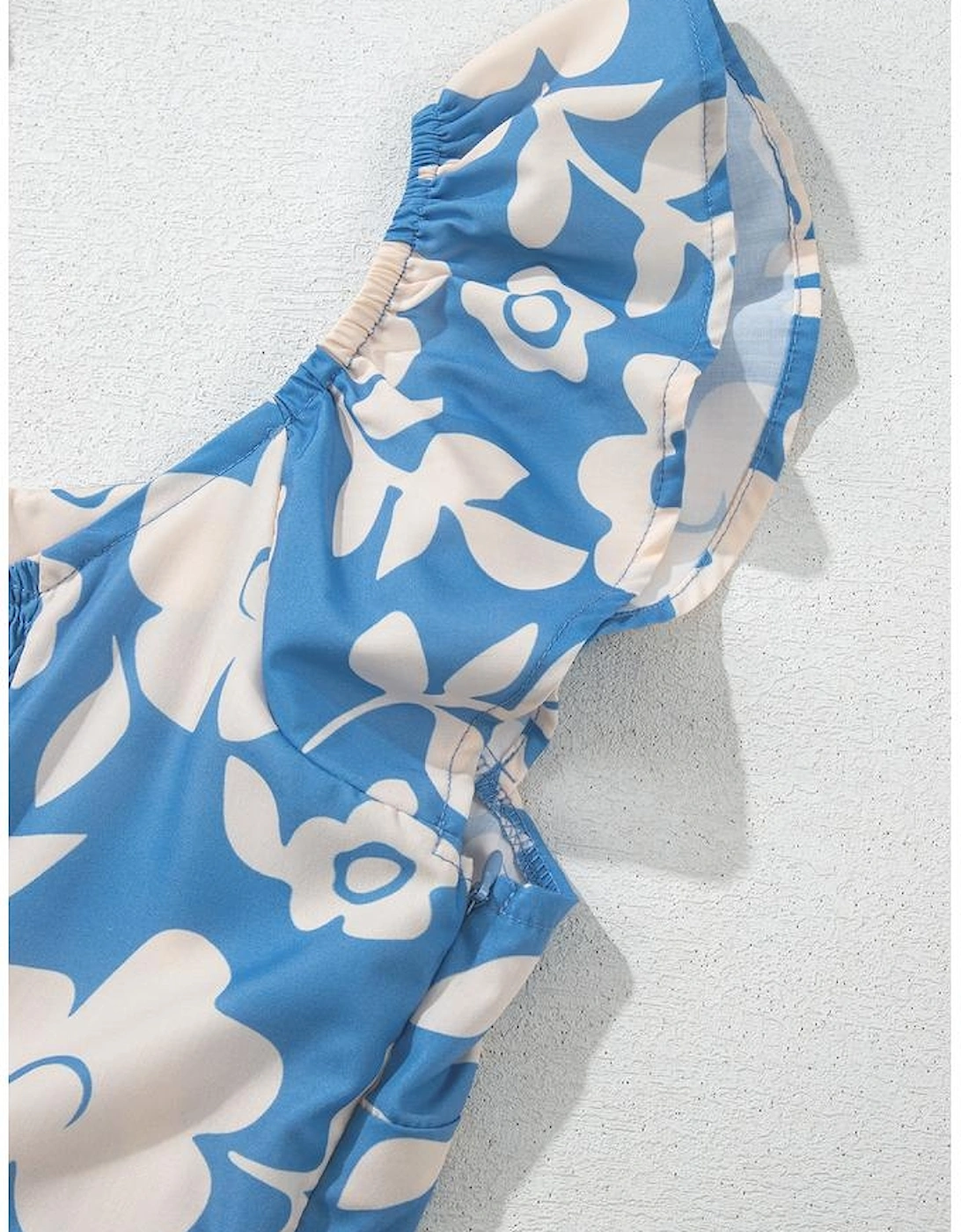 Sky Blue Floral U Neck Flutter Shoulder Tiered Flowy Midi Dress