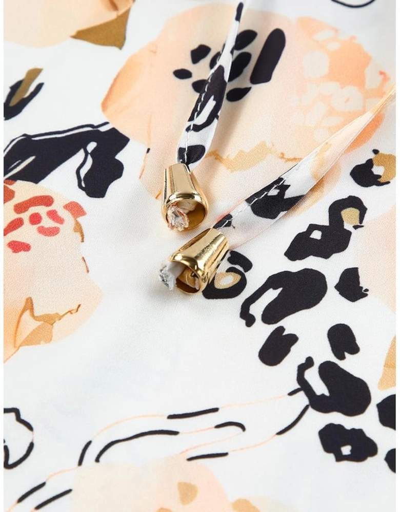 Gold Leopard Floral Print Split Neck Puff Sleeve Blouse