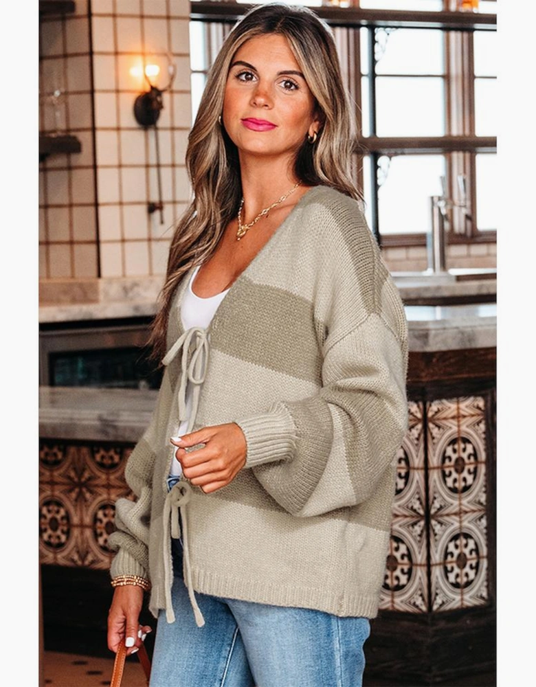 Khaki Striped Color Block Brushed Knit Bow Tie Front Sweater Cardigan