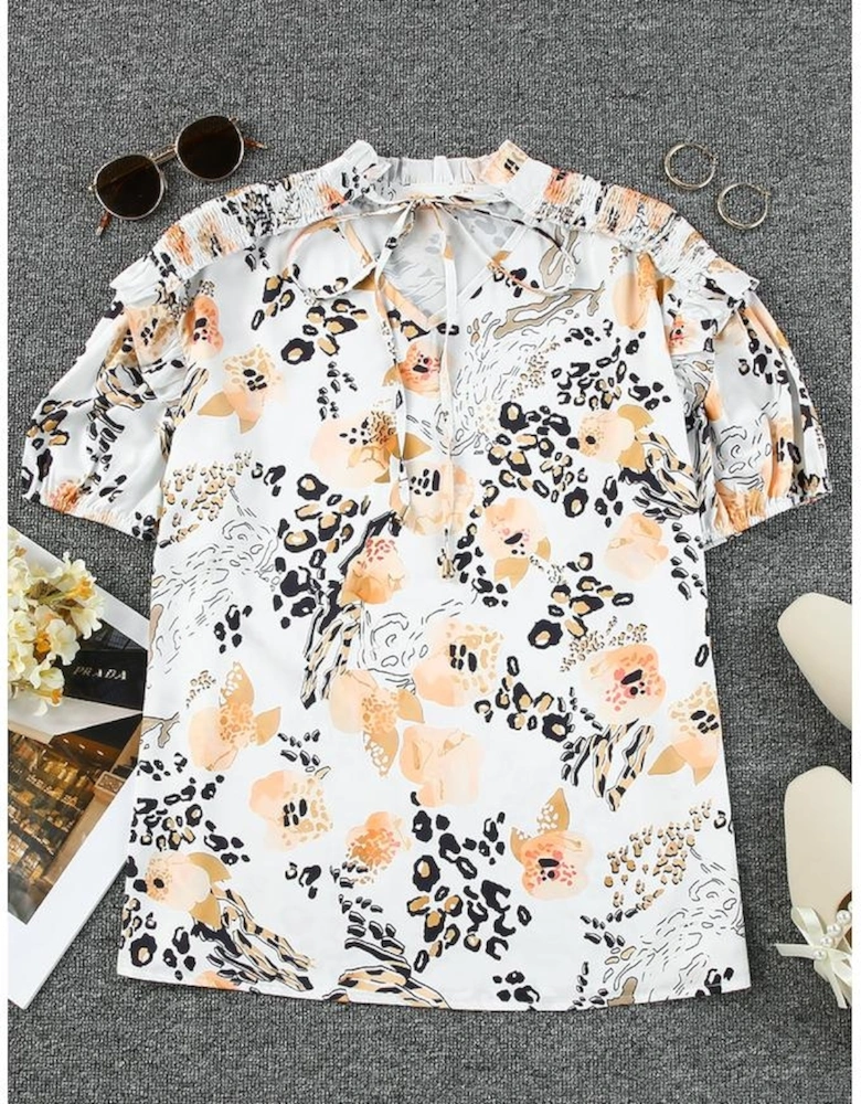 Gold Leopard Floral Print Split Neck Puff Sleeve Blouse